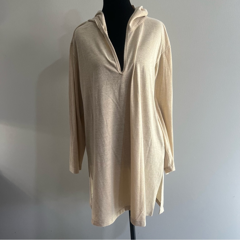 VINTAGE J. Valdi Cream Metallic Gold 3/4 Sleeve Women's Tunic Top Beach Cover Up